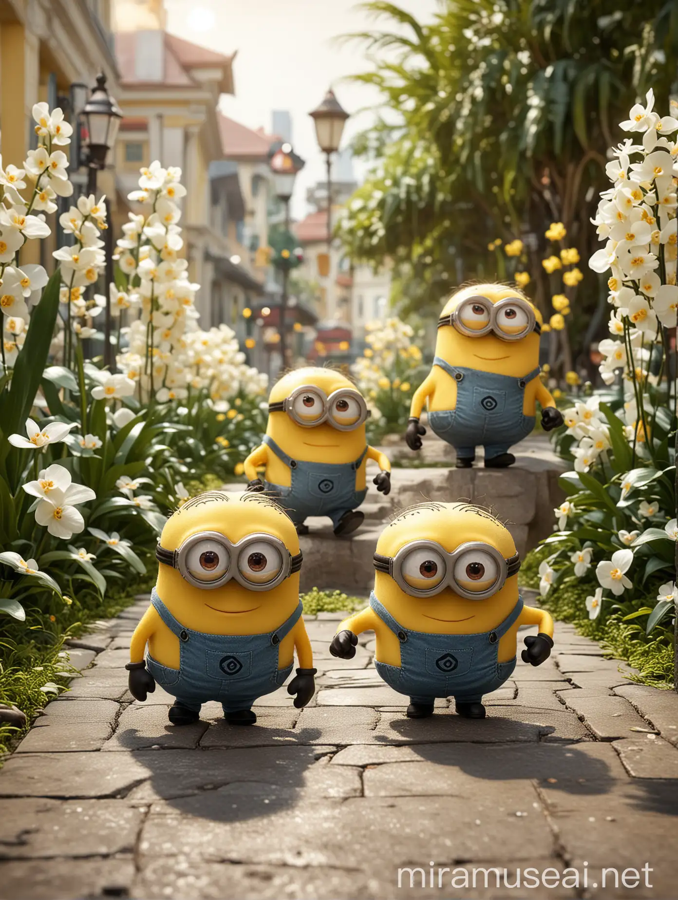 Four Yellow Minions Walking in Singapore with Esplanade Theme