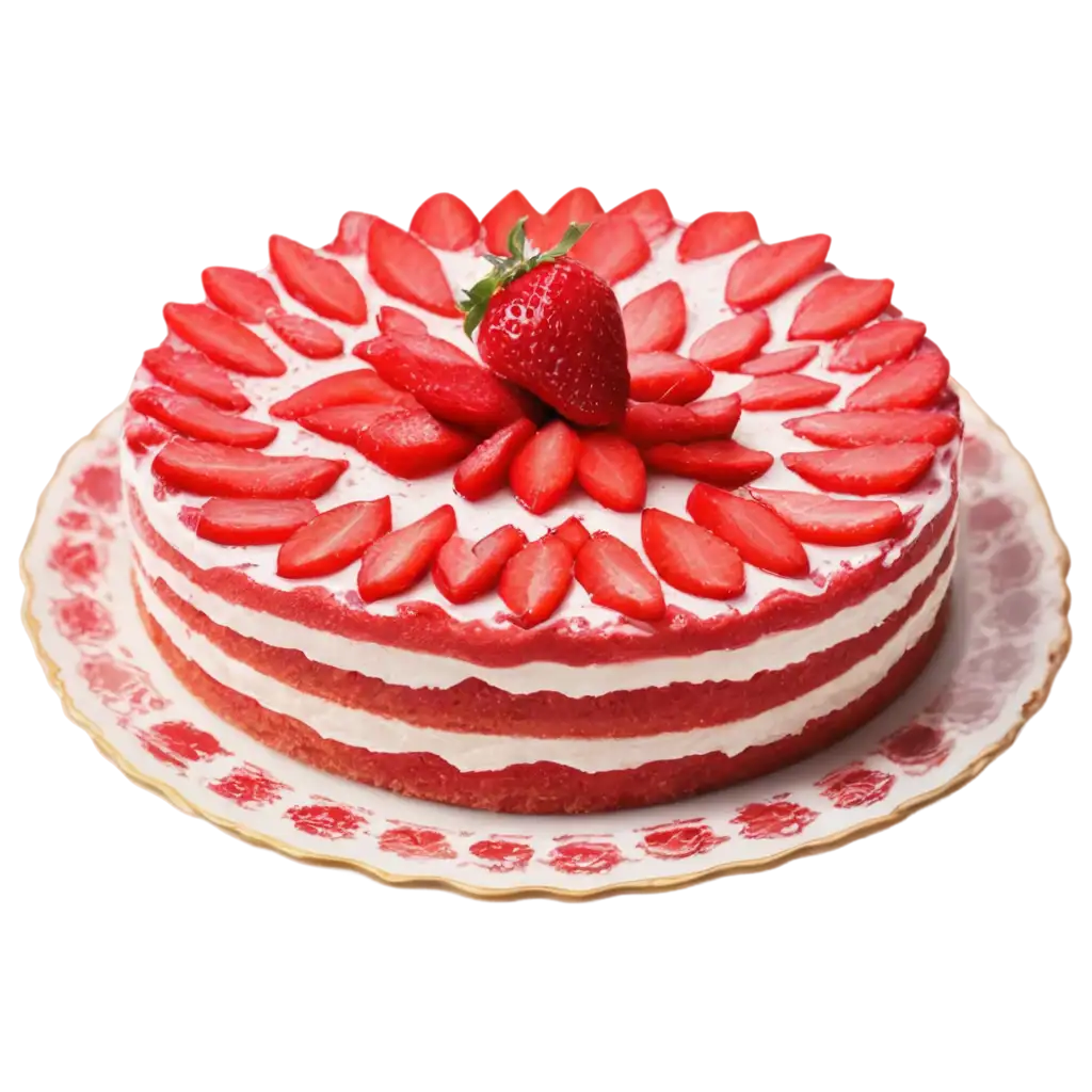 A strawberry cake on a strawberry patterned plate