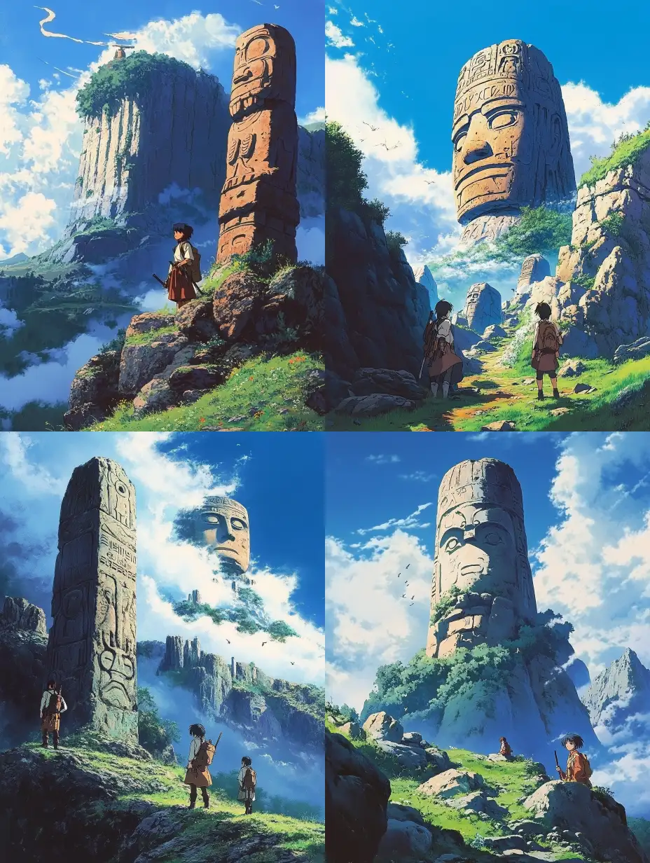 1990s-Anime-Ghibli-Style-Explorers-Discover-Ancient-Stone-Carvings-in-Misty-Mountains