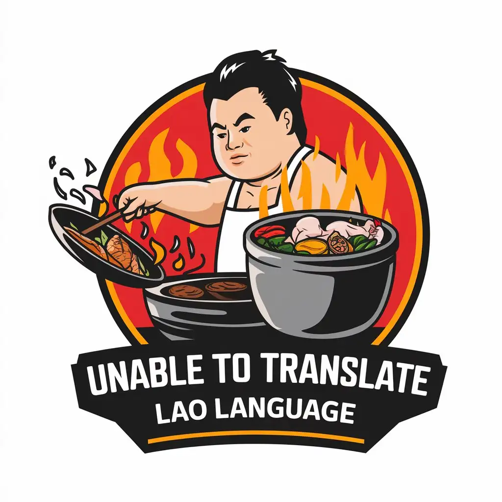 LOGO Design for Unable to Translate Lao Language Cartoon Fat Chef with Stew Pot and StirFrying Elements