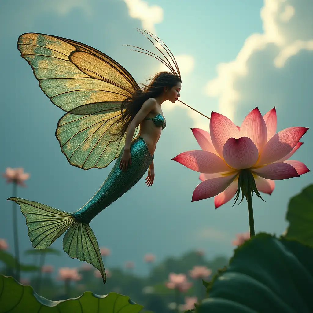 A photograph of a mermaid fairy woman flying by a giant flower lotus and drinking nectar from this flower with her long tongue. She has long antennae resembling a pair of bird feathers. The fairy has gigantic, large, shiny, iridescent, sparkling, multicolored, peacock patterned butterfly wings and a scaly long fish tail. The background contains a cloudy sky