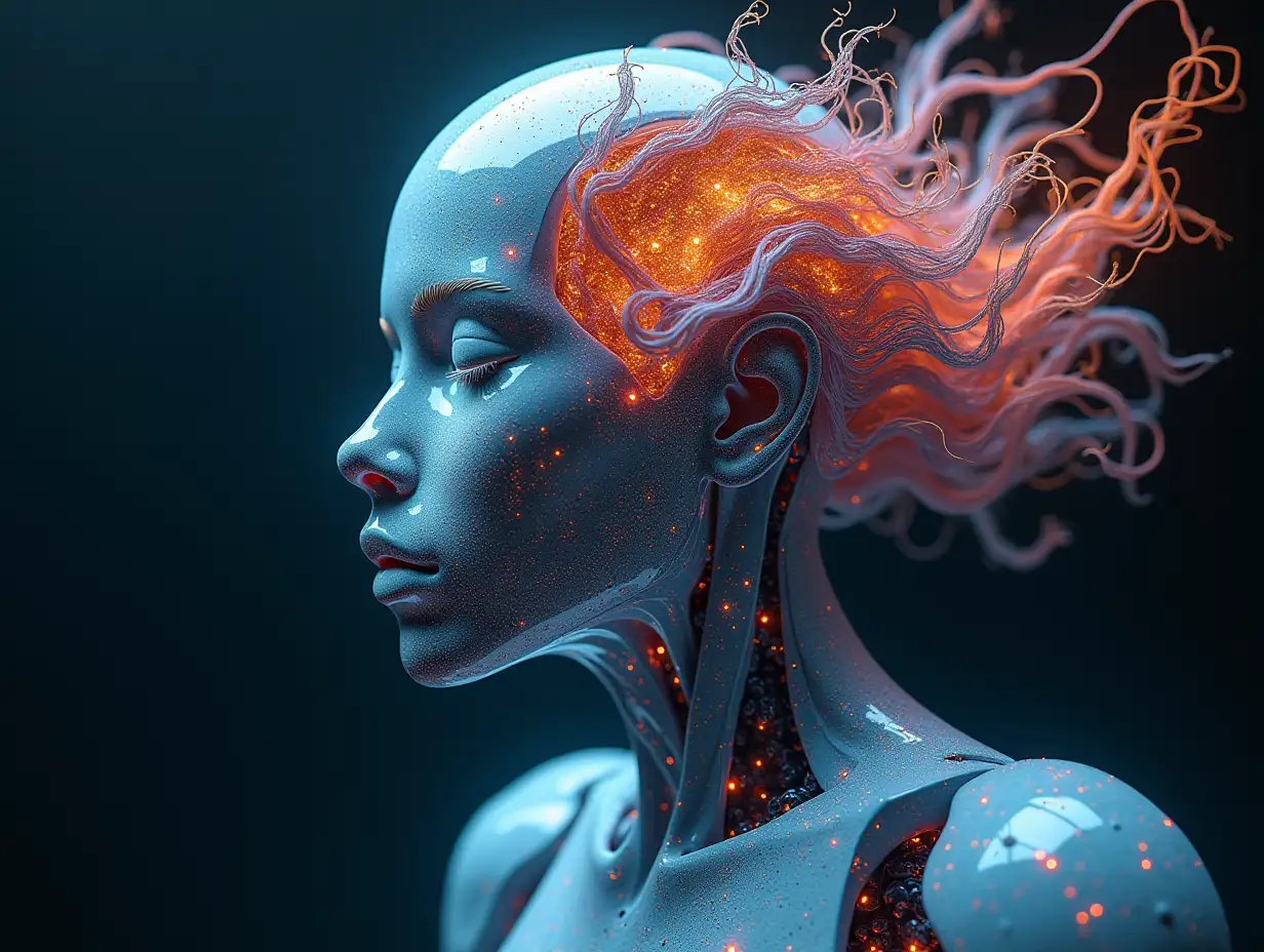 Erstellen Sie ein hochauflösendes, realistisches Bild von künstlicher Intelligenz Fractal farbigem Fractal humanoiden Roboter, im Fotostudioboden auf einer 4-k-Auflösung. Fractal Haare