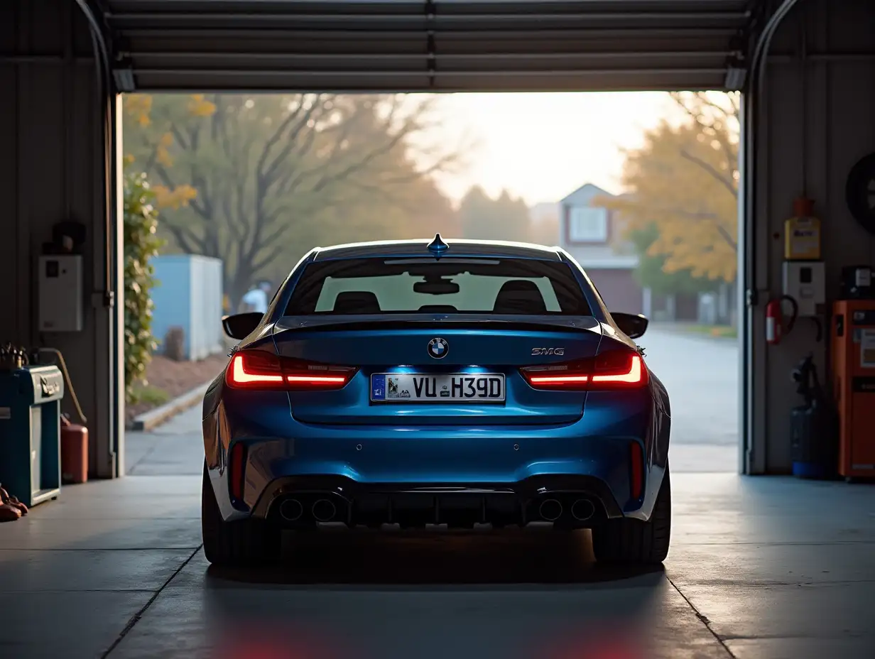 BMW pulls into the garage view from behind