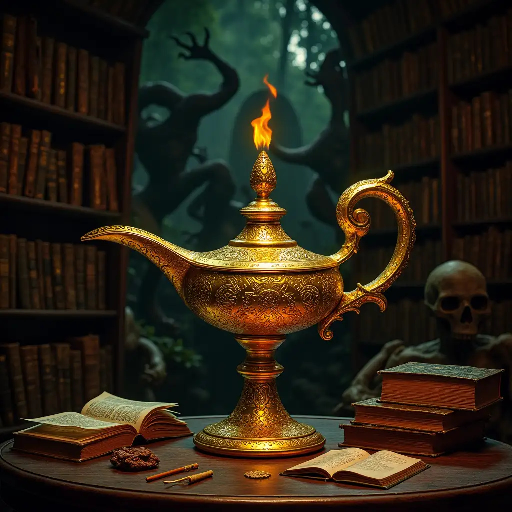 Lovecraft -Horror. In the foreground is a golden djinn lamp in the form of an oil lamp from 1001 nights, adorned with symbols from the Necronomicon illuminated by a flame that comes out of the front opening opposite the handle, a room full of very old books on shelves and book stacks, monsters are wandering around everywhere in lovecraft-style, trashy, pulp, underground comic style, provocative, dirty, filthy, disgusting, slimy, greasy, rude