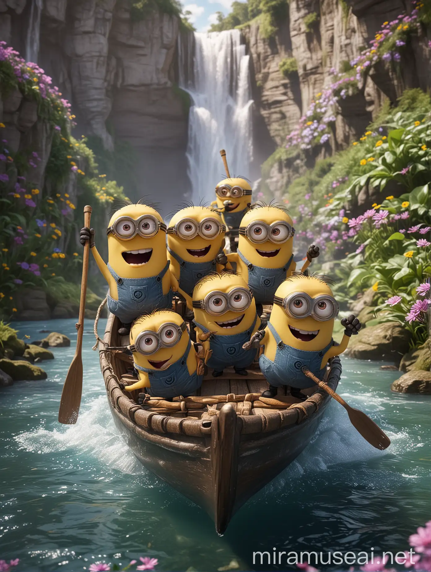 Four Cute Minions Rowing on Boat with Huka Falls and Purple Flowers