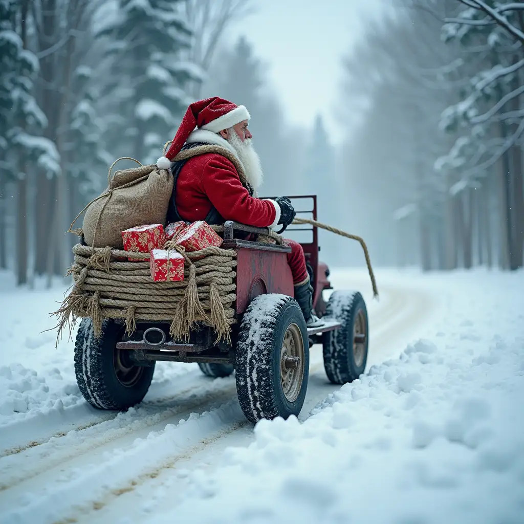 santa travelling in a car tires through snowy winter landscape, holding a sack full of gift.the the car tyres is connected eith rops. ultrarealistic image .long view