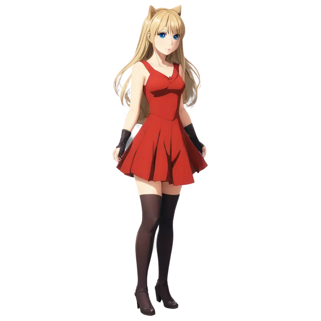 blond anime catgirl princess with brown hair blue eyes full body red dress