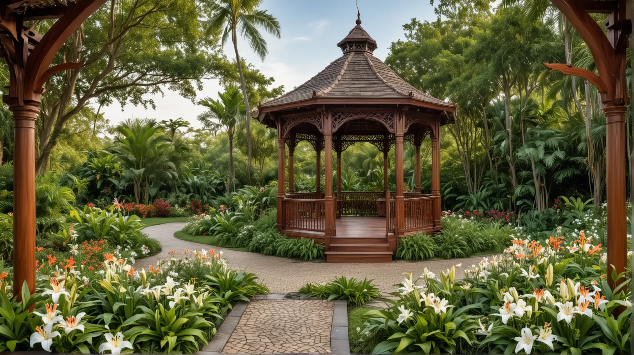 Enchanted Paradise Panoramic View with Lush Greenery and Mahogany Gazebo