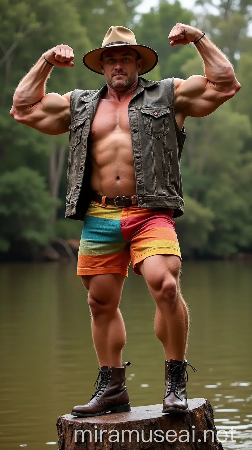 Muscular Blonde Bodybuilder Flexing Big Strong Arm Outdoors