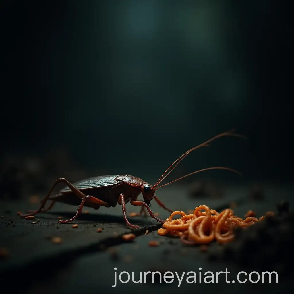Dark-Eerie-Background-with-Large-Roach-Approaching-Food