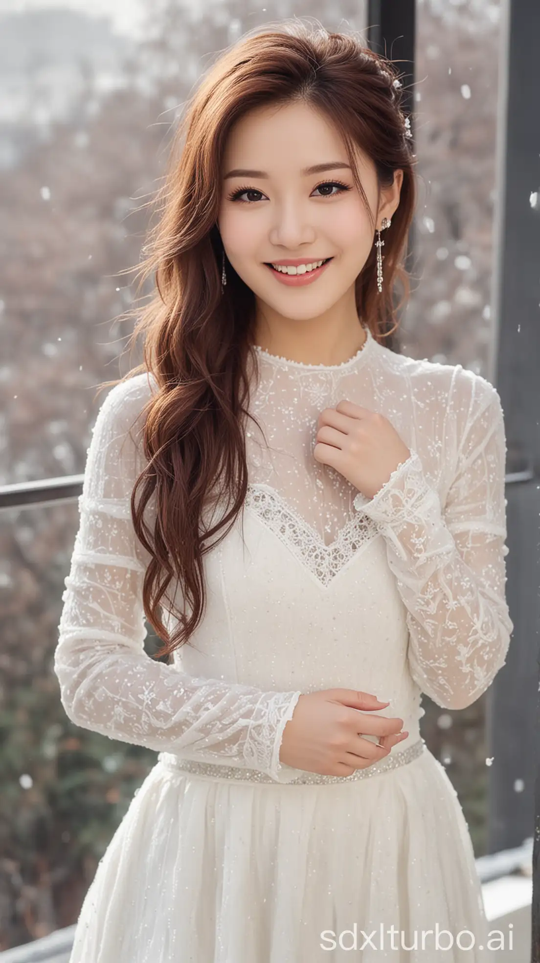 Chinese-Female-Singer-in-Winter-White-Dress-with-Sweet-Smile-and-Brown-Hair