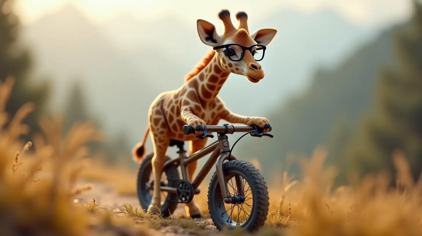 Playful Baby Giraffe Wearing Glasses Riding a Mountain Bike