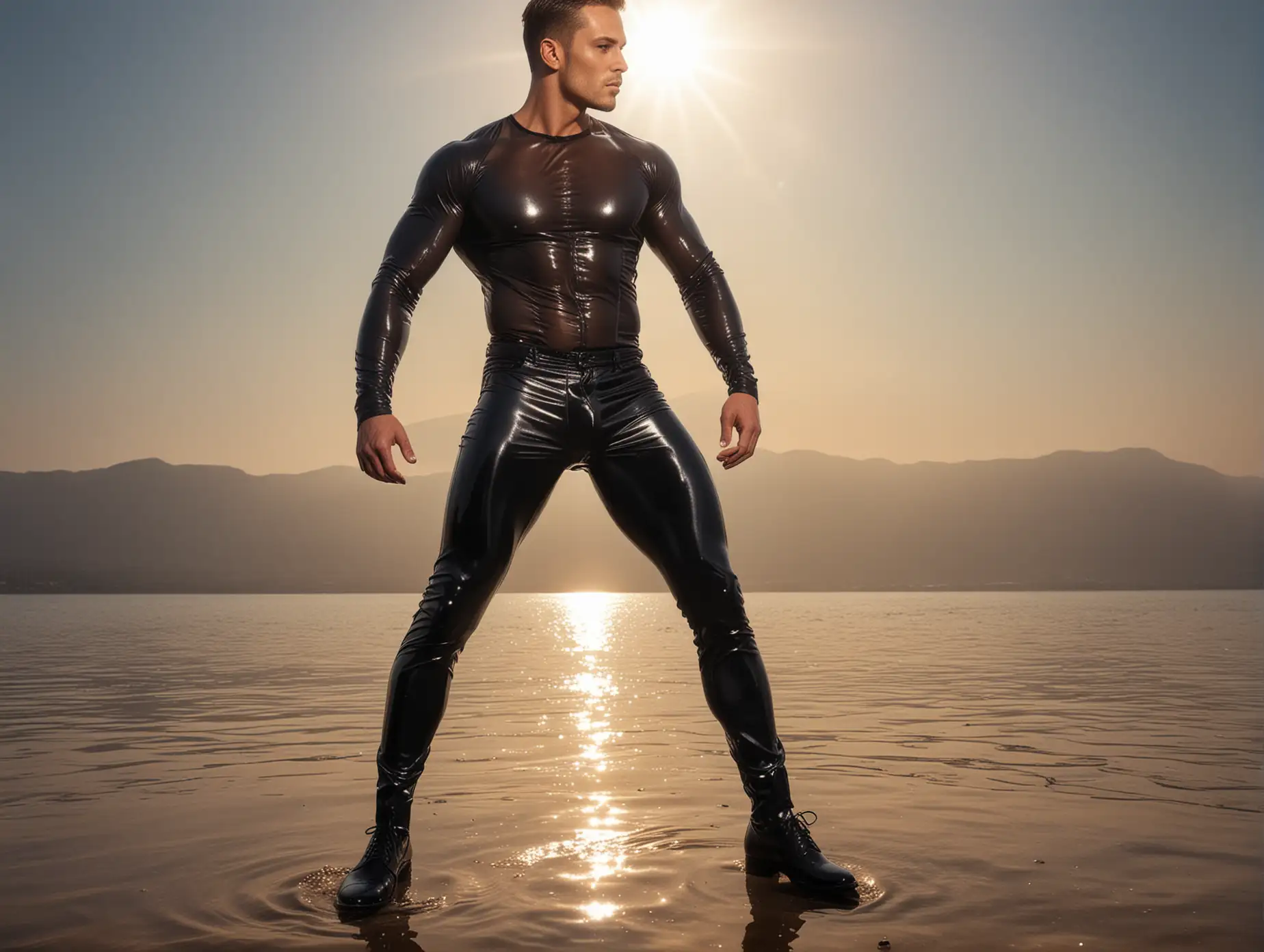 Muscular-Man-in-Black-SeeThrough-Outfit-Under-Radiant-Sunlight