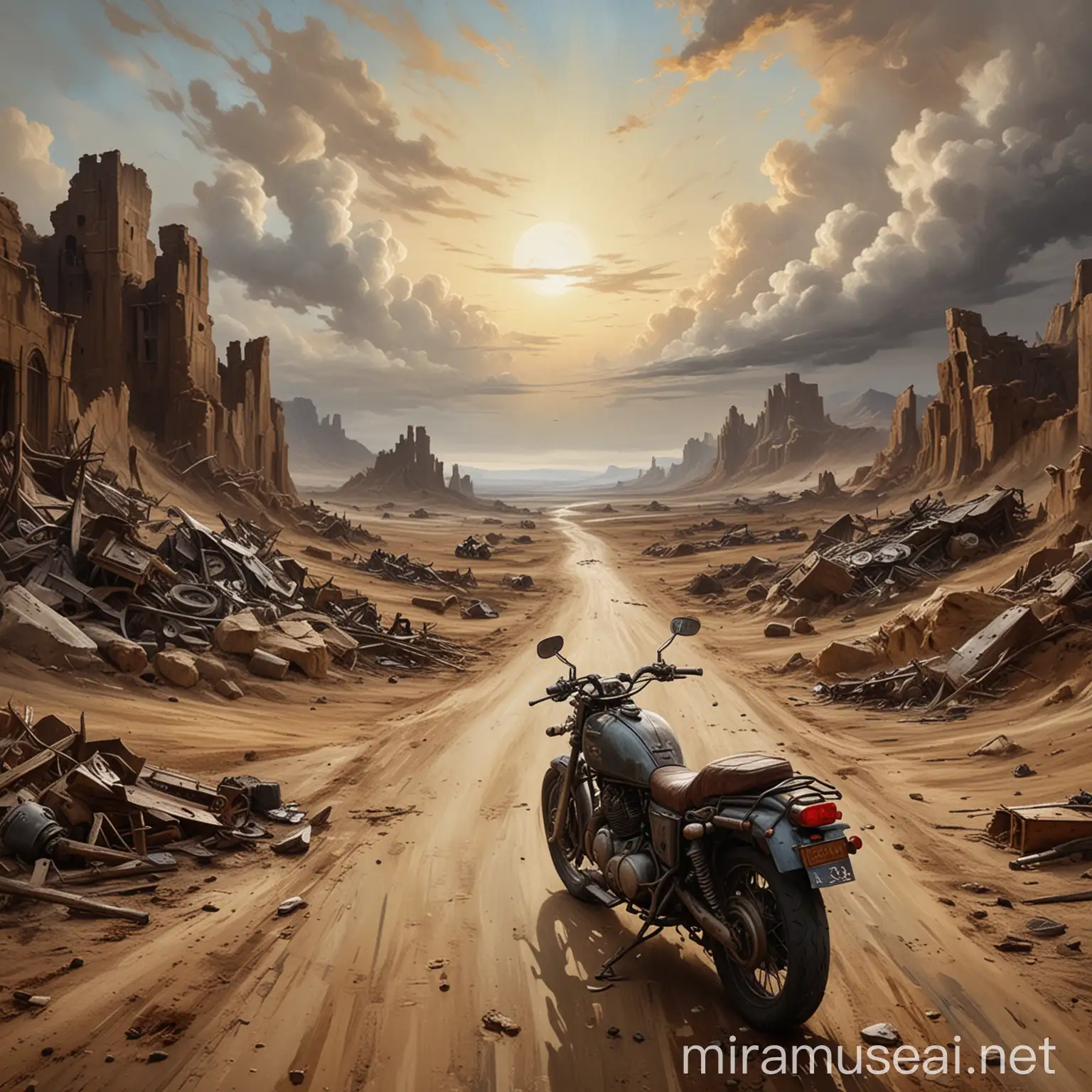 Motorcycle Apocalypse Landscape in Renaissance Oil Painting Style