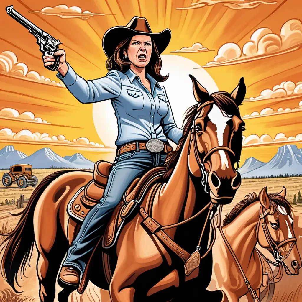 An angry Alberta Premier Danielle Smith wears a cowboy hat and rides a horse into the sunset. She holds a pistol in her hand. In the style of a political cartoon.