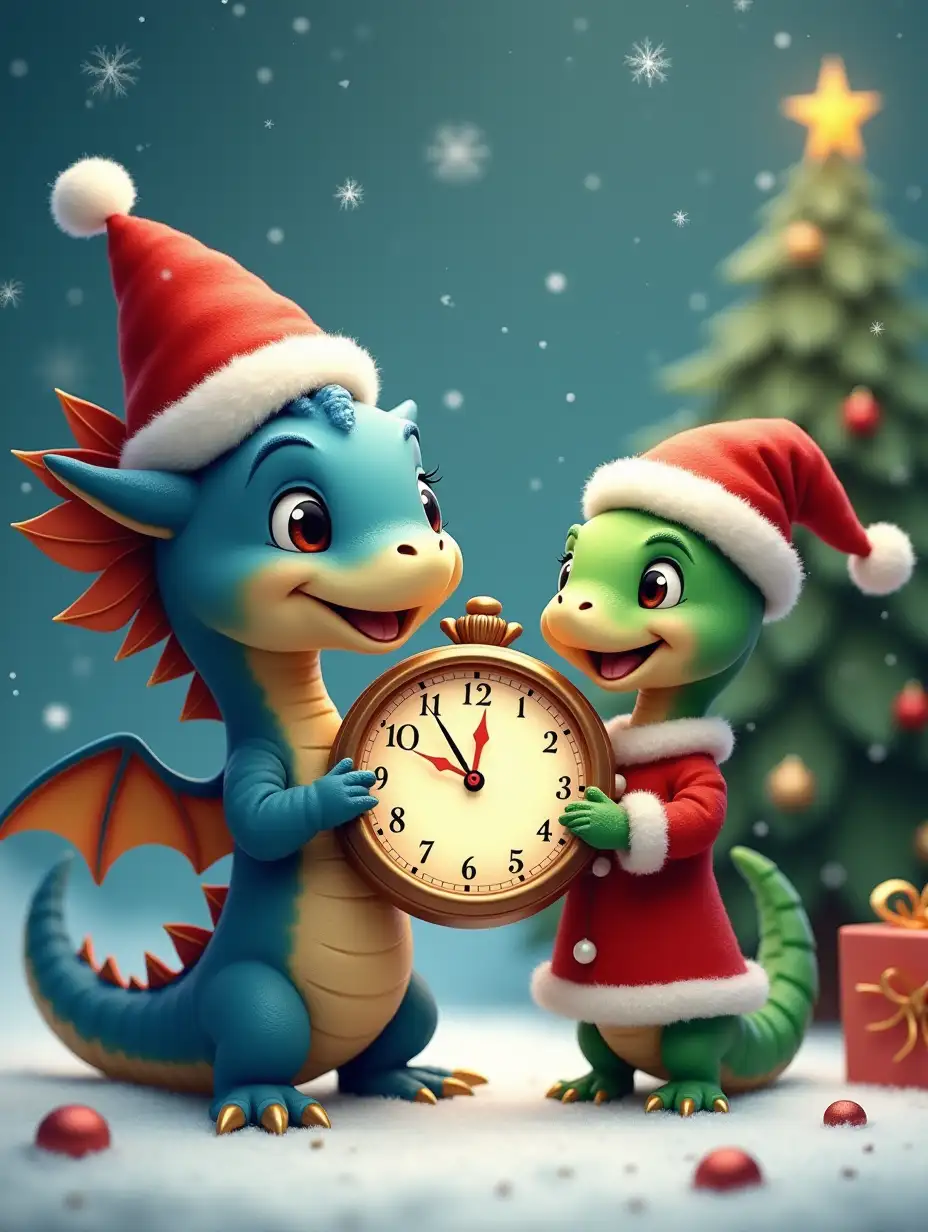 A cute little dragon in a blue New Year's costume, with a red New Year's hat on his head, holds in his hands a large clock with 11:48 hands on the dial. He hands this watch to a cute little green snake, a girl who is dressed in a red New Year's costume. A Christmas tree is visible in the background and snowflakes are falling.