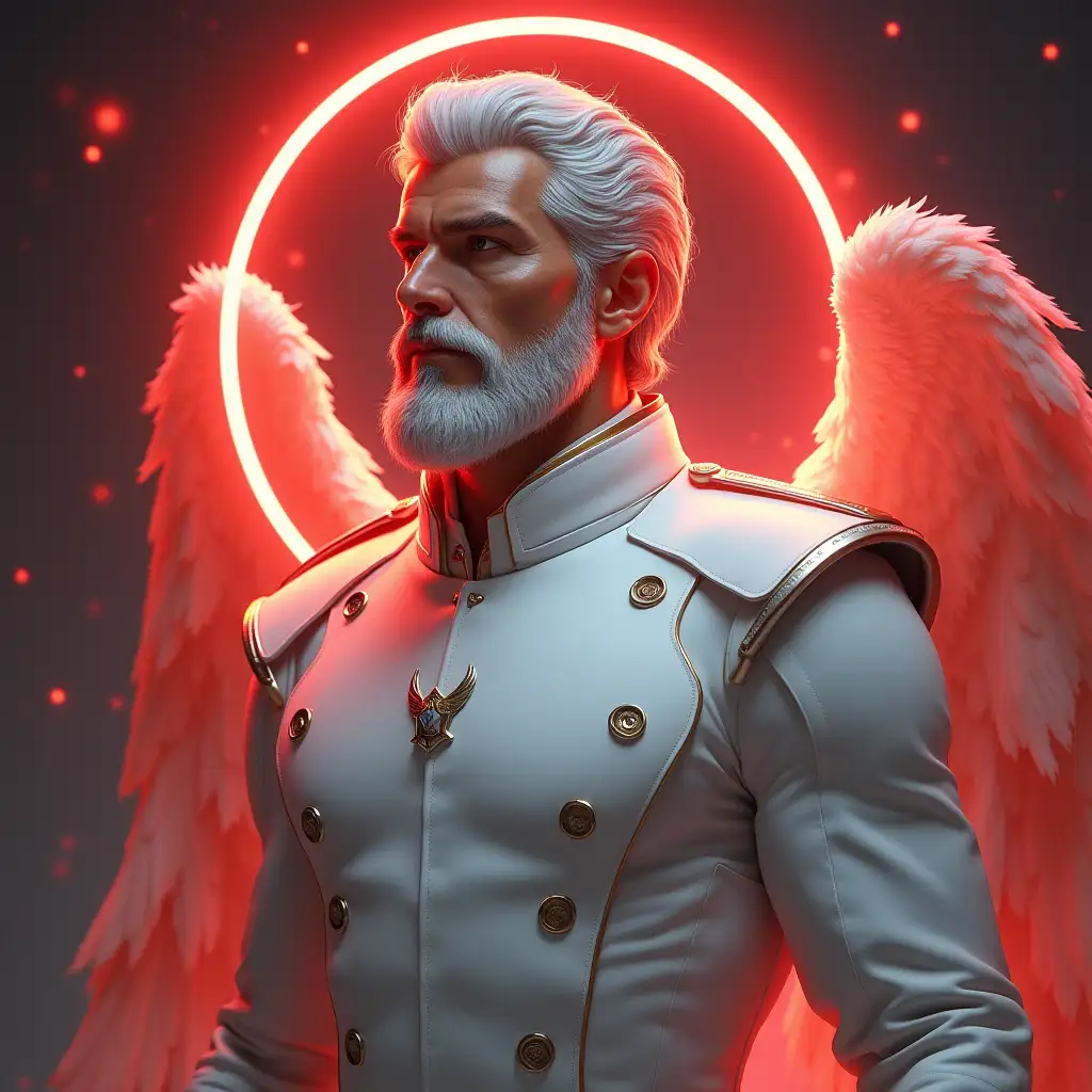 A rugged silver haired angelic male captain wearing a white uniform and has red magic and a red halo over his head with a short grey beard 