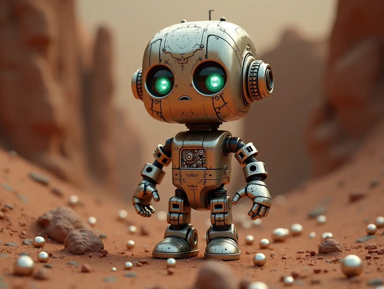 Create a high-resolution, realistic image of the artificial intelligence Robert, three meters tall, with eyes, arms and legs, with gears on the cheeks and glass head with visible golden brain, screws with many glass balls on the floor, Mars 4k resolution with   