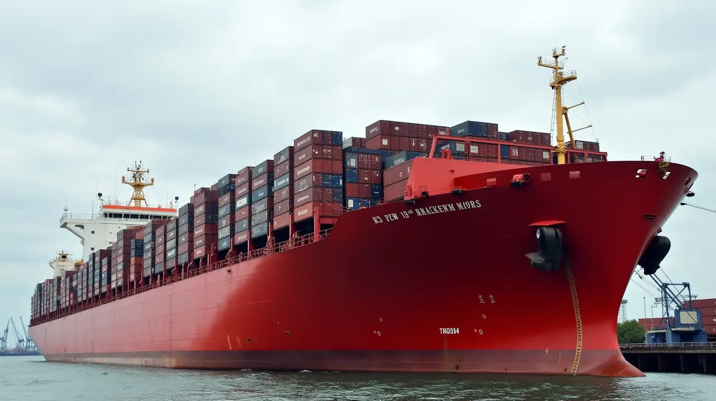 Massive Red Ship Carrying Cars in Port