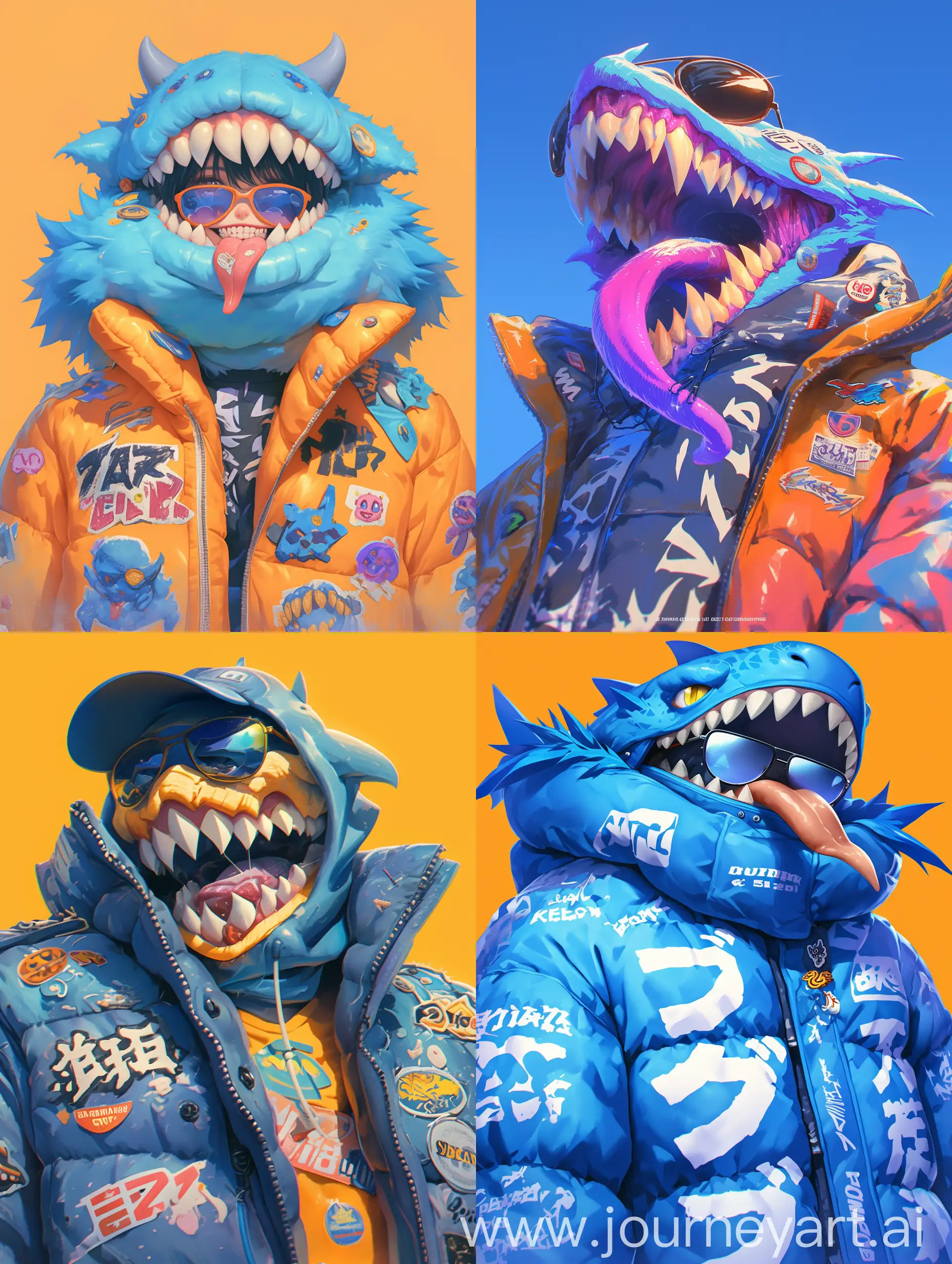 Colorful-Crazy-Monster-Character-in-Oversize-Puffy-Jacket-with-Stickers