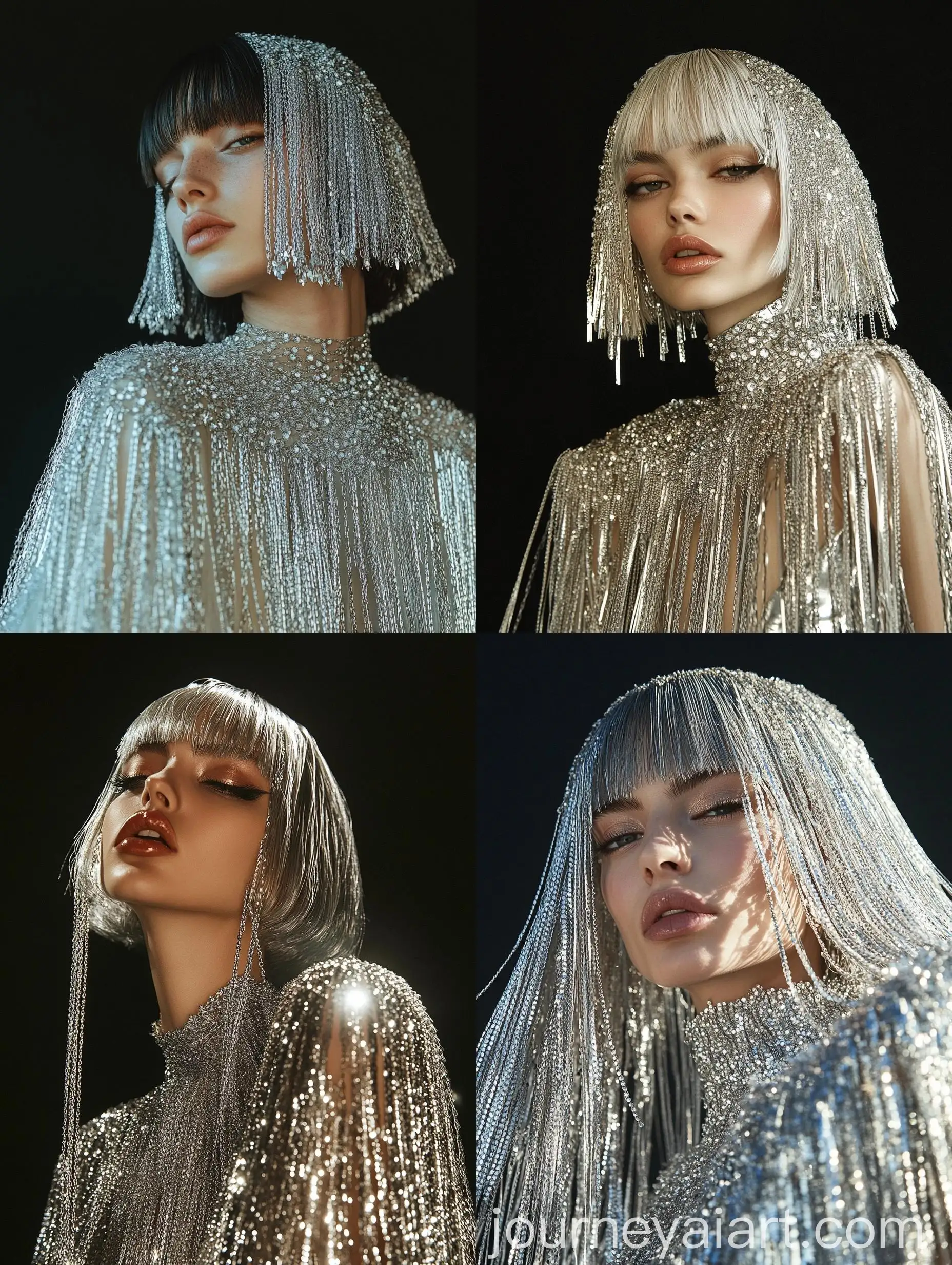 Fashion-Model-with-Silver-Bead-and-Chain-Hairstyle-and-Cape