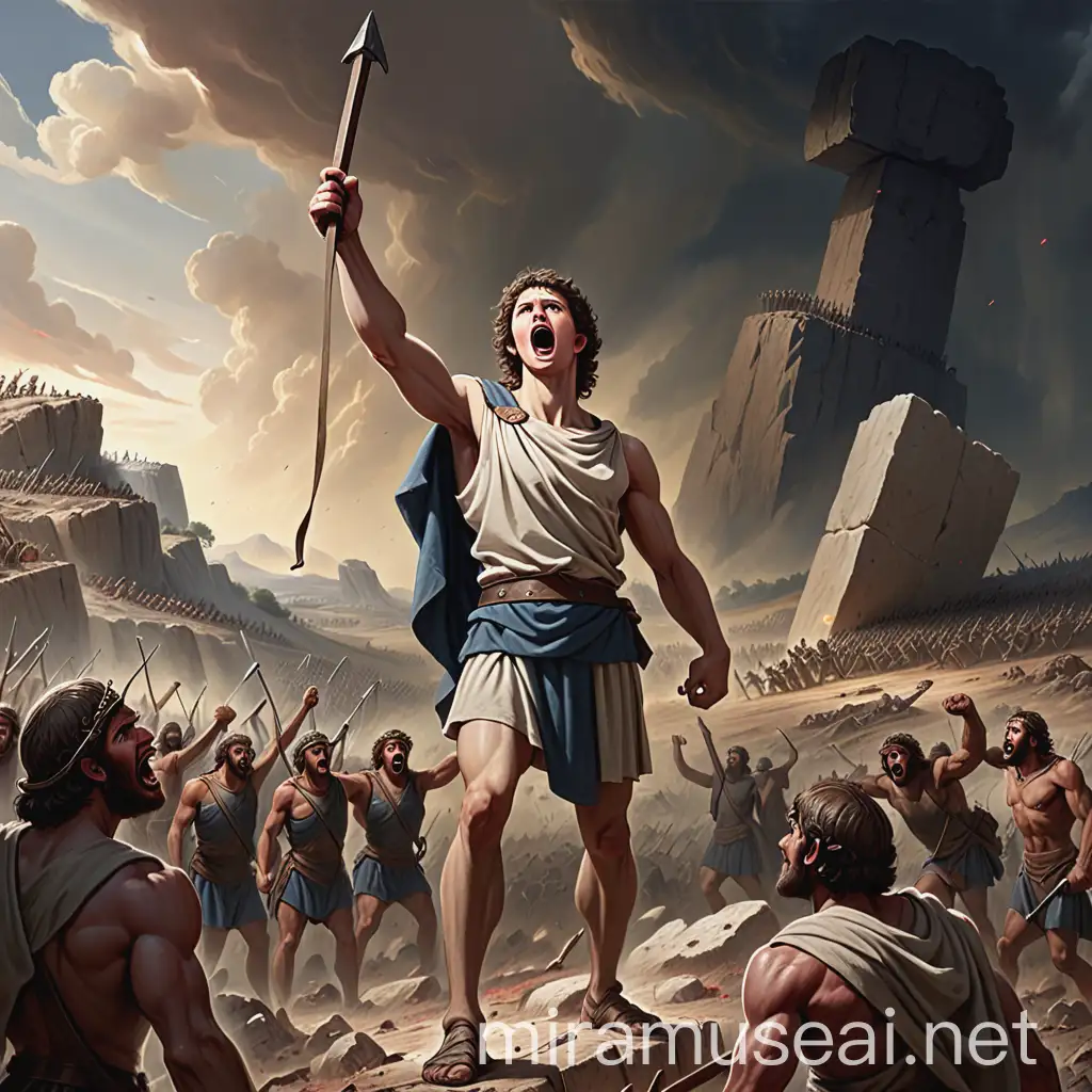 Triumphant David Defeats Goliath on Rocky Battlefield