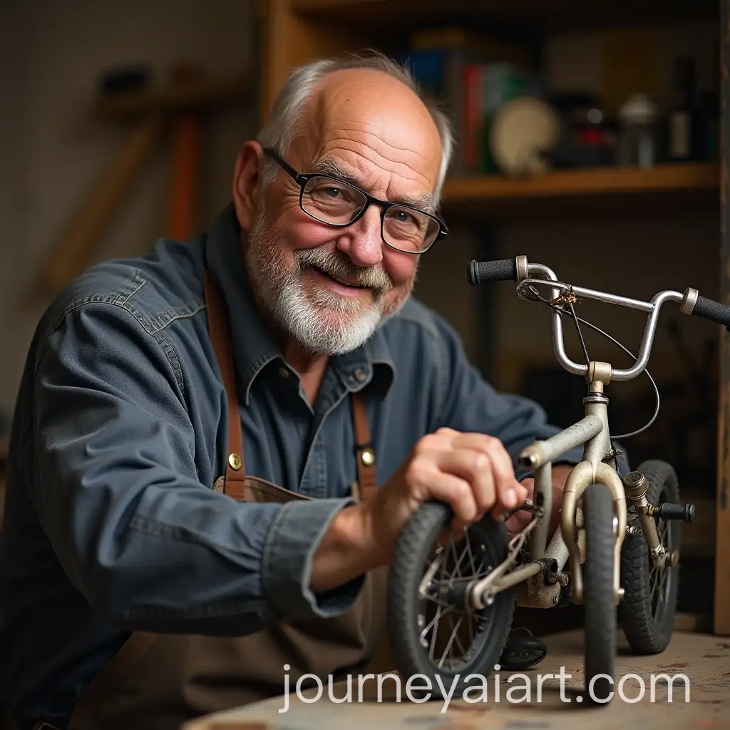 Smiling-Elderly-Man-Repairing-Childrens-Bike-at-Workbench