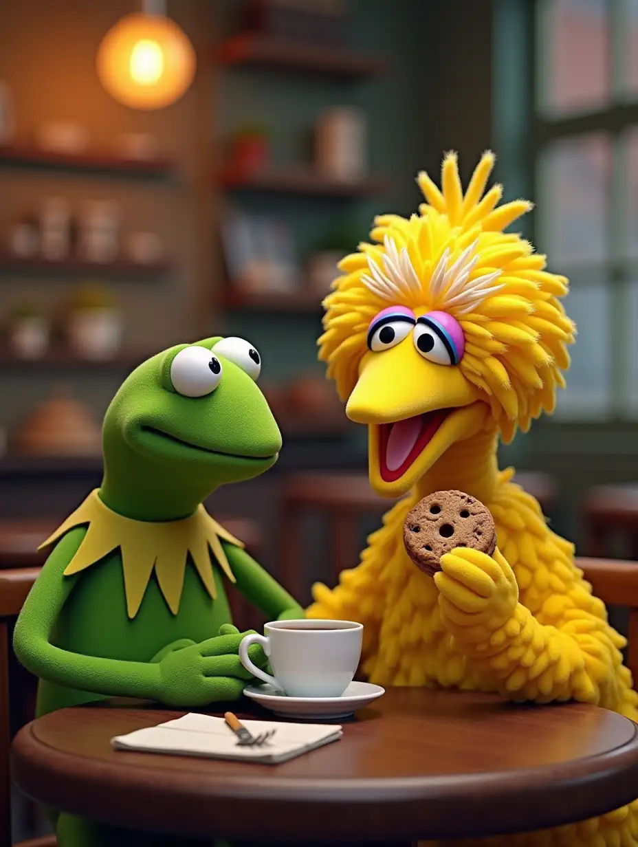 Kermit the frog enjoys a cup of tea at a cozy coffee shop sharing a quiet moment with big bird who happily munches on a delicious cookie