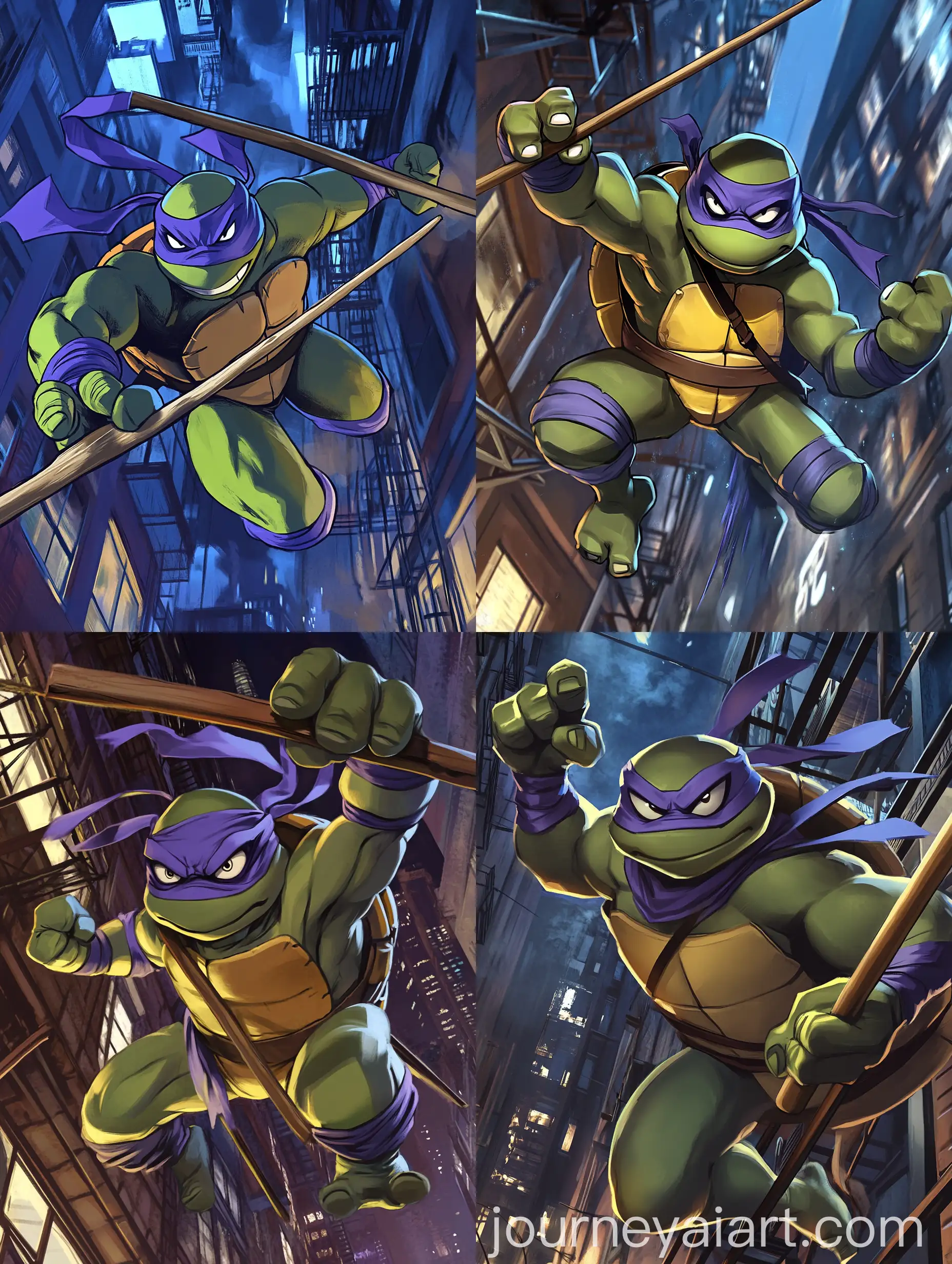 Donatello-Ninja-Turtle-Jumping-Down-Fire-Escape-at-Night