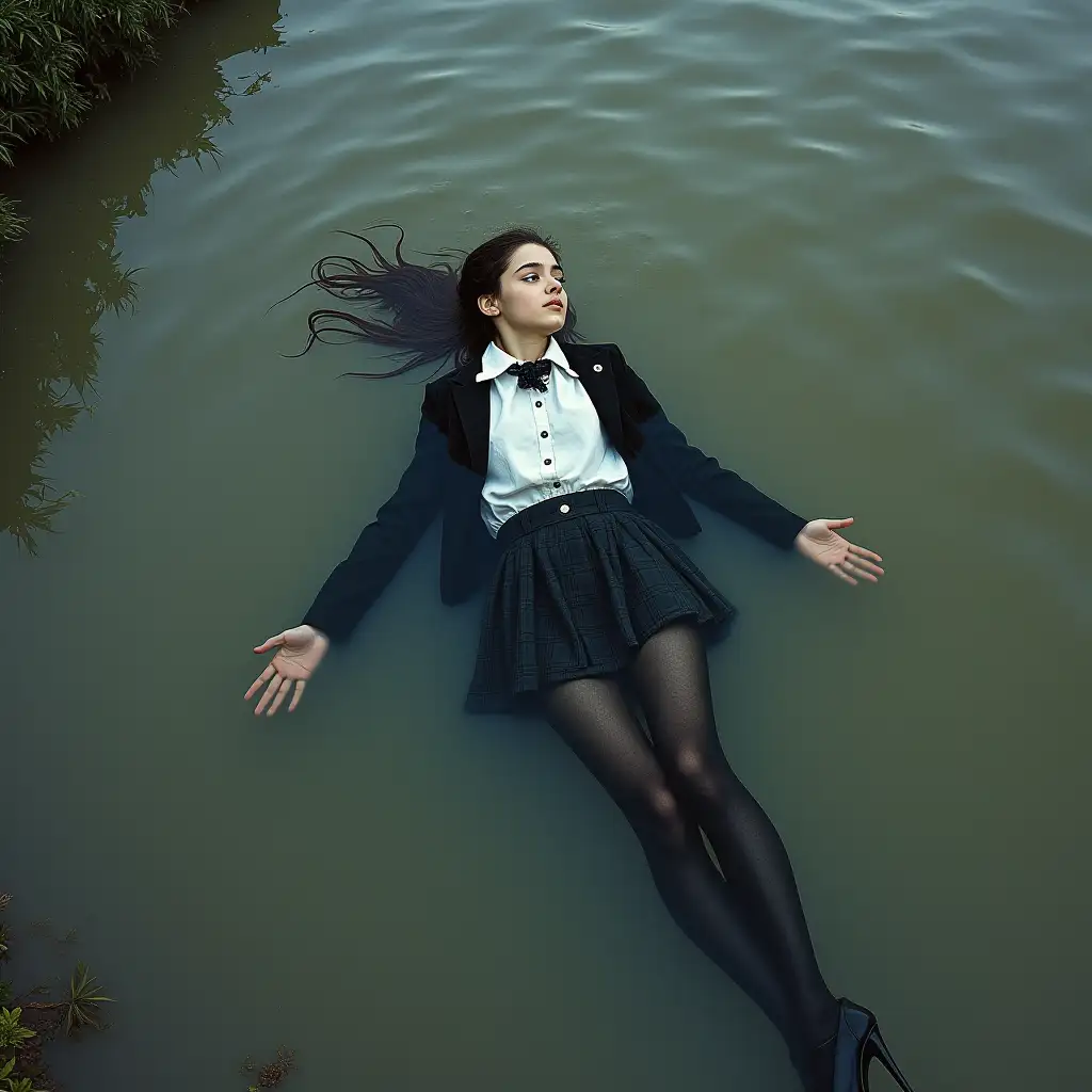 A young schoolgirl in a school uniform, in a skirt, jacket, blouse, dark tights, high-heeled shoes. She is swimming in a dirty pond, lying underwater, all her clothes are completely wet, wet clothes stick to her body, the whole body is under water, submerged in water, under the surface of the water, below the water's edge.