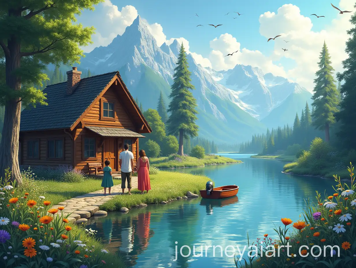 Family-in-Front-of-Cozy-Wooden-House-by-a-Serene-River-at-Sunset
