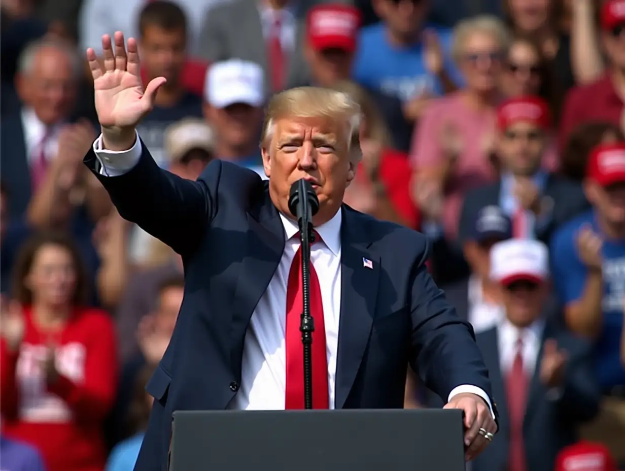 A montage of Trump at rallies, delivering speeches, and waving to crowds.