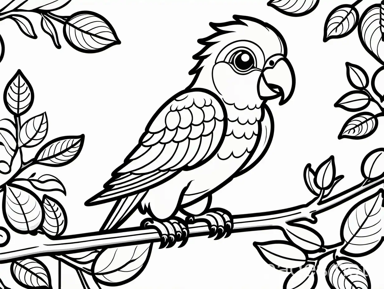 Coloring-Page-Cute-Smiling-Parrot-on-Branches-with-Nuts-and-Fruits