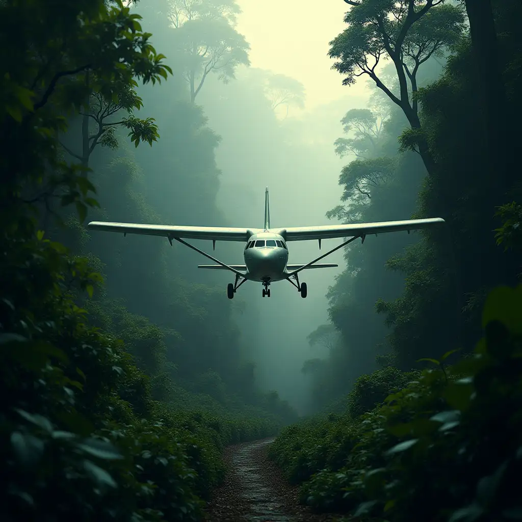 A plane inside a jungle with cinematic effect