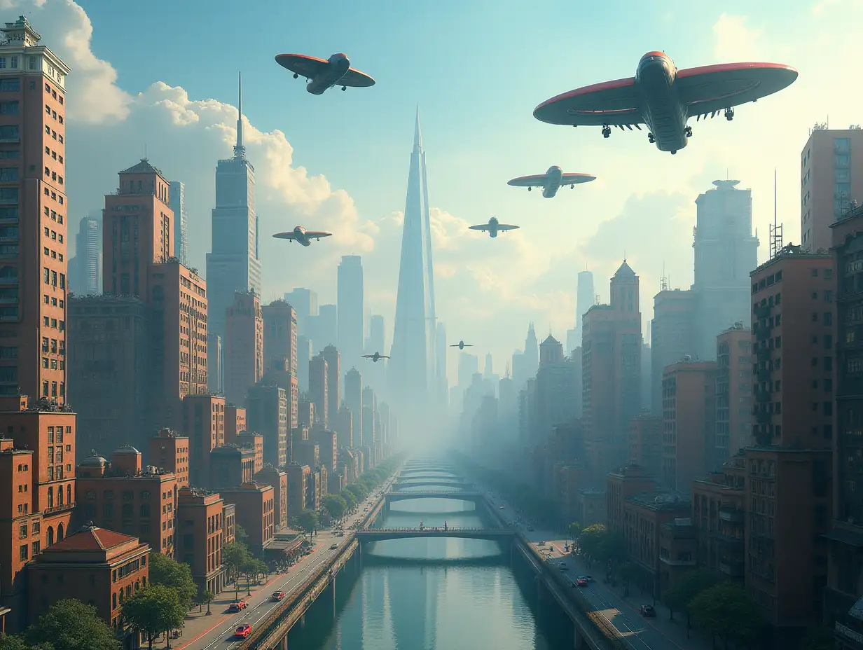 Make a photo of a city, in which the houses and all building's are flying in the sky and cars, bikes and every vehicle's are flying and the vehicle's must look like they are from future.