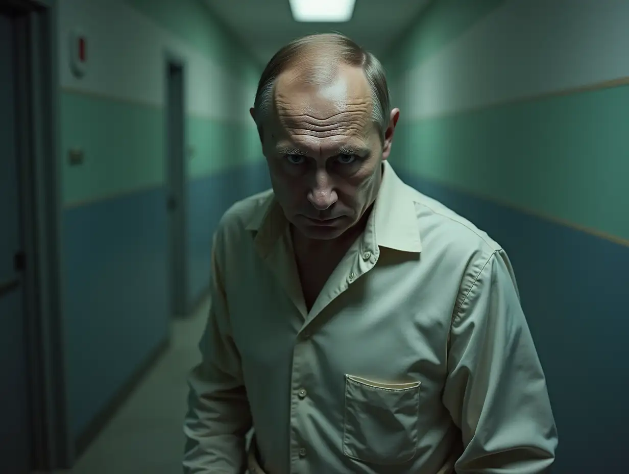 mentally ill Putin in a straitjacket is in a psychiatric hospital, photorealism, realistic lighting, low-quality photos taken on the phone