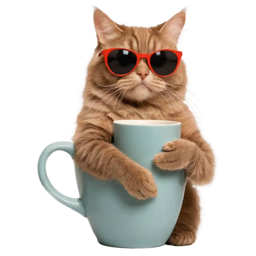 a cat wearing sunglass, sipping coffee from a mug