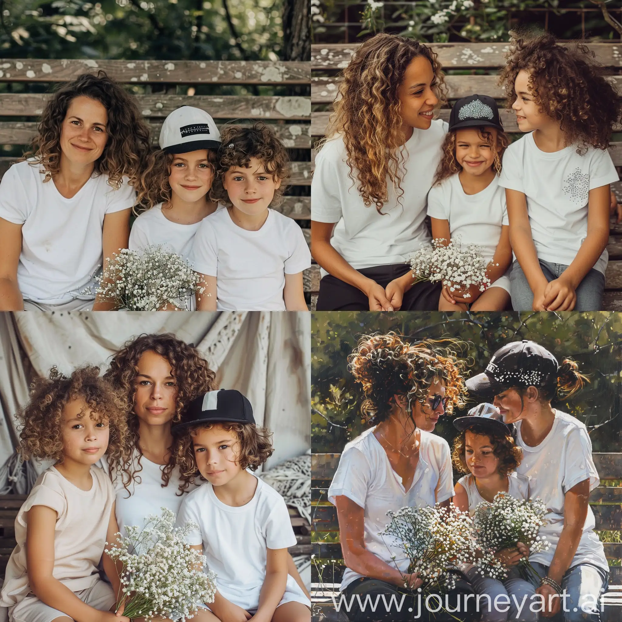 Mother-and-Daughters-on-Bench-with-Summer-Bouquet