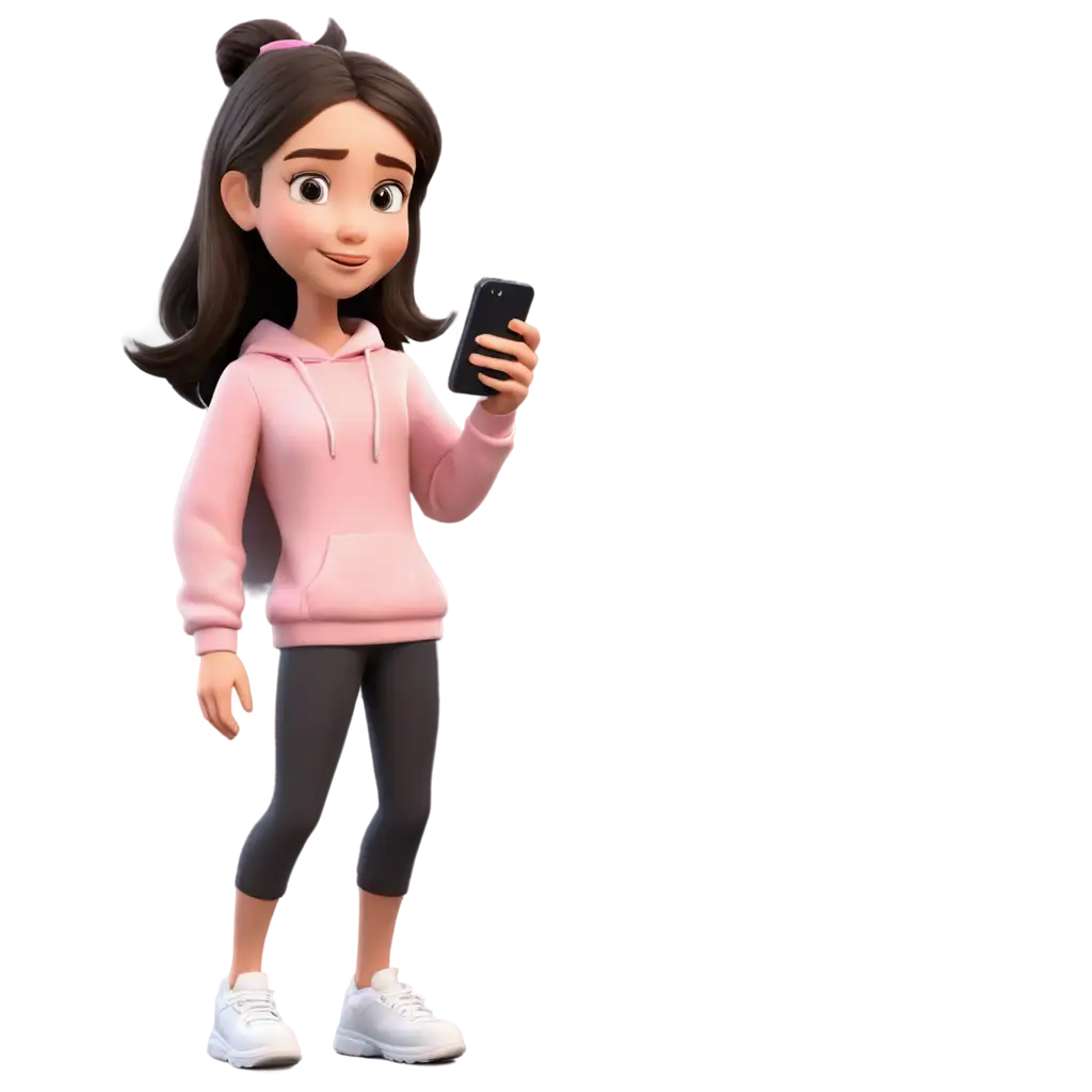 Cute-Cartoon-Girl-in-Sweater-Playing-with-Cell-Phone-3D-Render-Character-Illustration-PNG