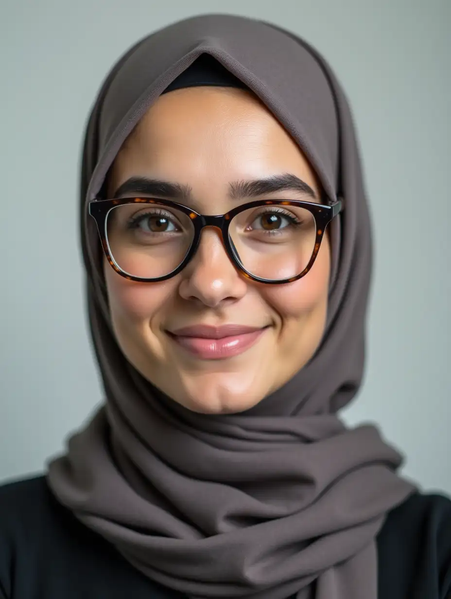 27 years old environmental engineer women, with oval face, full view type of glasses and hijab, looking at the camera smiling. Full body view.