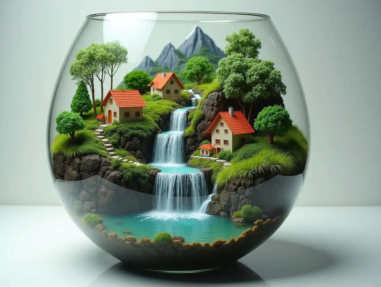 Small waterfalls, with houses, mountains, trees and a small pond in a glass container