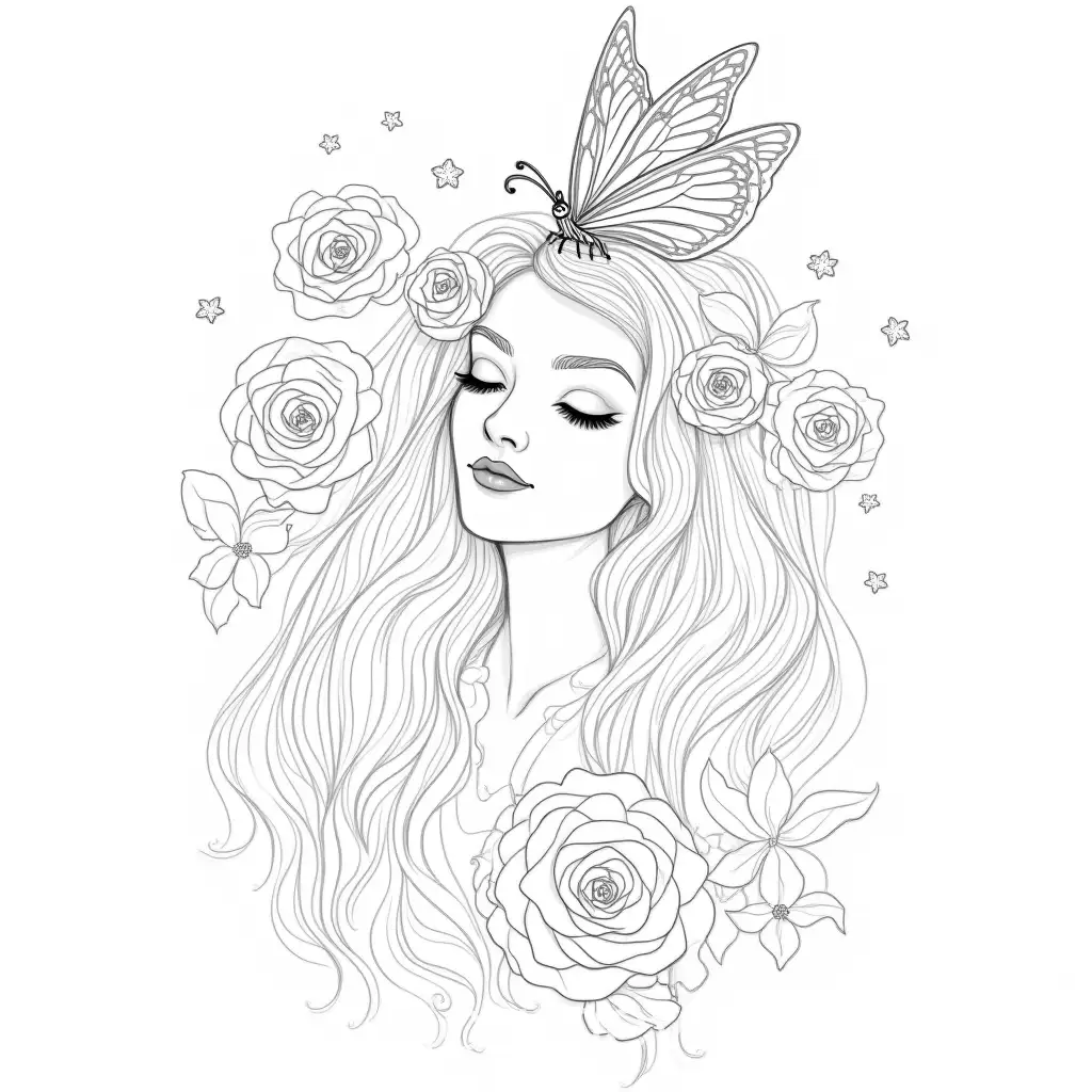 Fantasy-Pencil-Sketch-of-a-Serene-Woman-with-RosesAI-Art-Prompt-Expansion-and-Butterflies