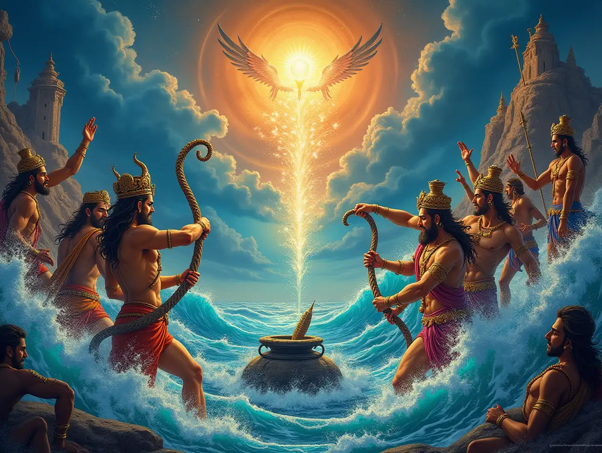 A vivid and dynamic depiction of the Samudra Manthan scene from Hindu mythology. The image shows the cosmic churning of the ocean by gods and demons using a serpent (Vasuki) as a rope and Mount Mandara as the churning rod. The gods (Devas) on one side and the demons (Asuras) on the other are engaged in a powerful tug-of-war. The ocean is turbulent with waves and mystical glowing lights emanating from the churning. Above, celestial beings observe the event, and the pot of nectar (Amrit) is emerging amidst divine radiance. The scene is rich in detail, capturing the mythological grandeur and spiritual significance.