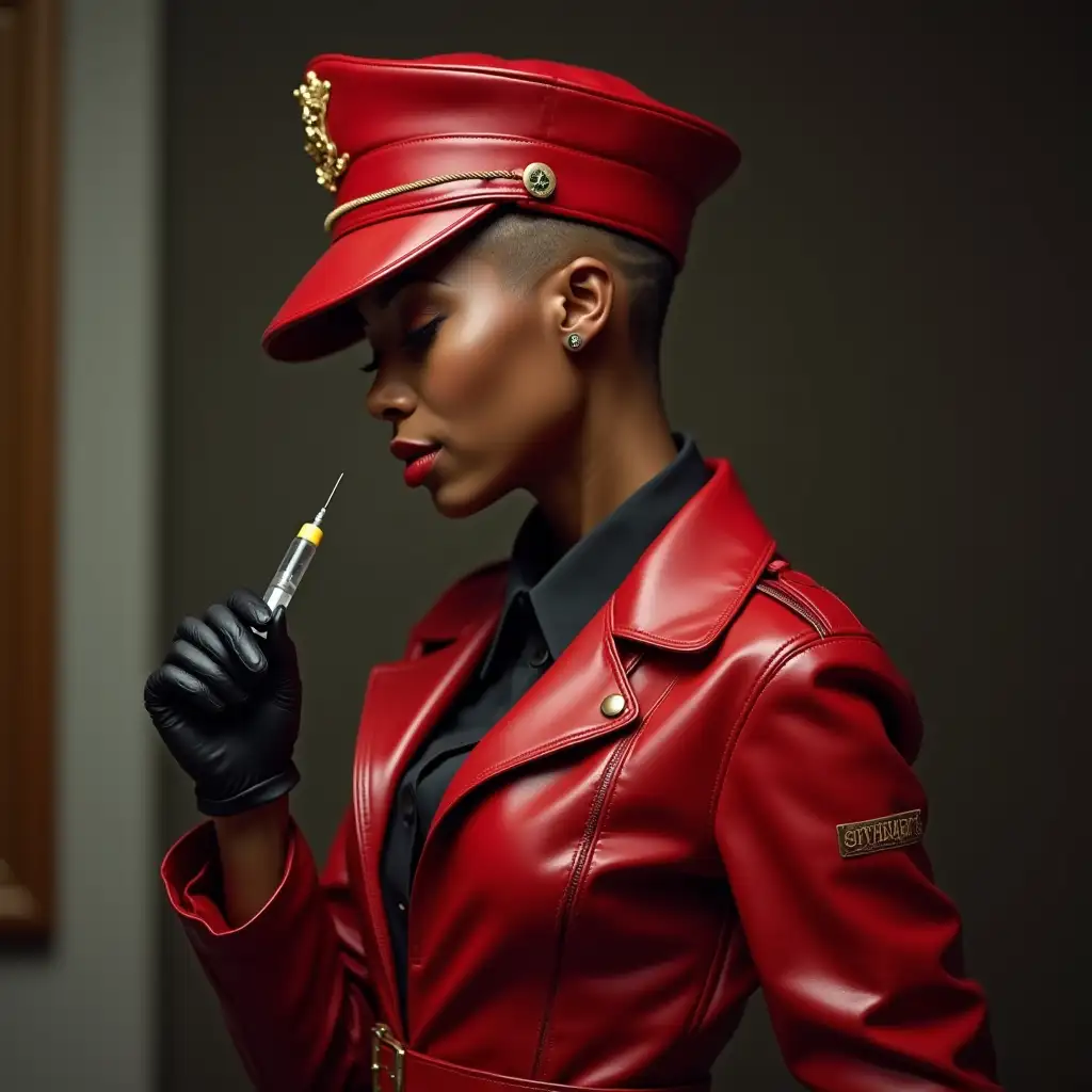 African-Nurse-in-Red-Leather-Uniform-with-Military-Hat-and-Injection-Needle