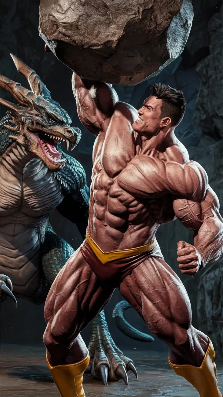 Powerfully muscled, hugely ripped, pumped superhero throws a giant boulder at an evil creature. 24 years old. Photorealistic.