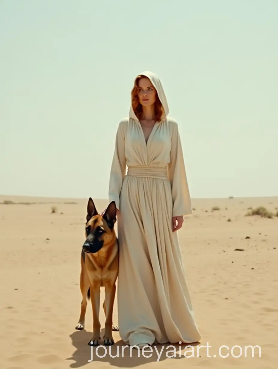 MiddleAged-WomanAI-Art-Prompt-Expansion-in-Flowing-ArabicInspired-Attire-with-German-Shepherd-in-Desert-Landscape