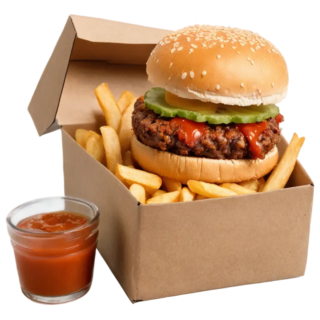 PNG-Image-of-a-Small-Cheeseburger-with-Chilli-and-Garlic-Sauce-and-Chips-in-Box-on-Wooden-Table-for-Food-Marketing-and-Culinary-Content