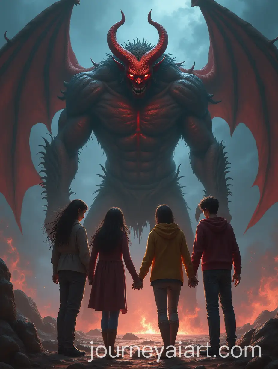 Young-Adults-Holding-Hands-with-a-Giant-Demon-in-a-Dramatic-Setting