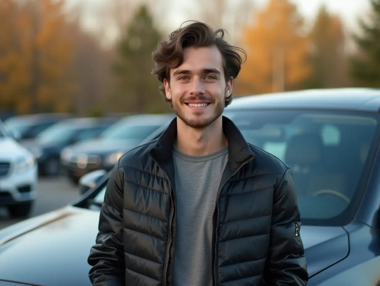 An American origin man aged twenty-five is standing next to his car