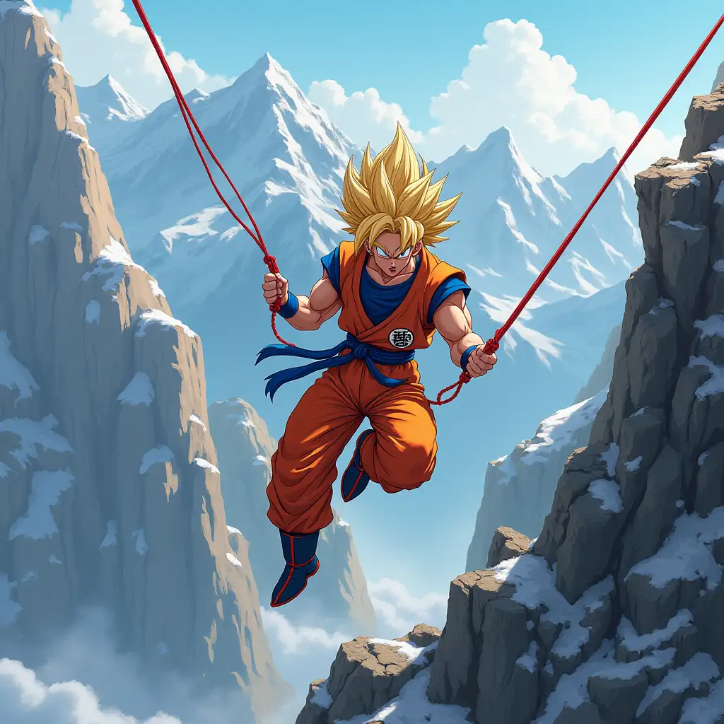 create an image of goku from dragon ball doing a via ferrata in Andorra